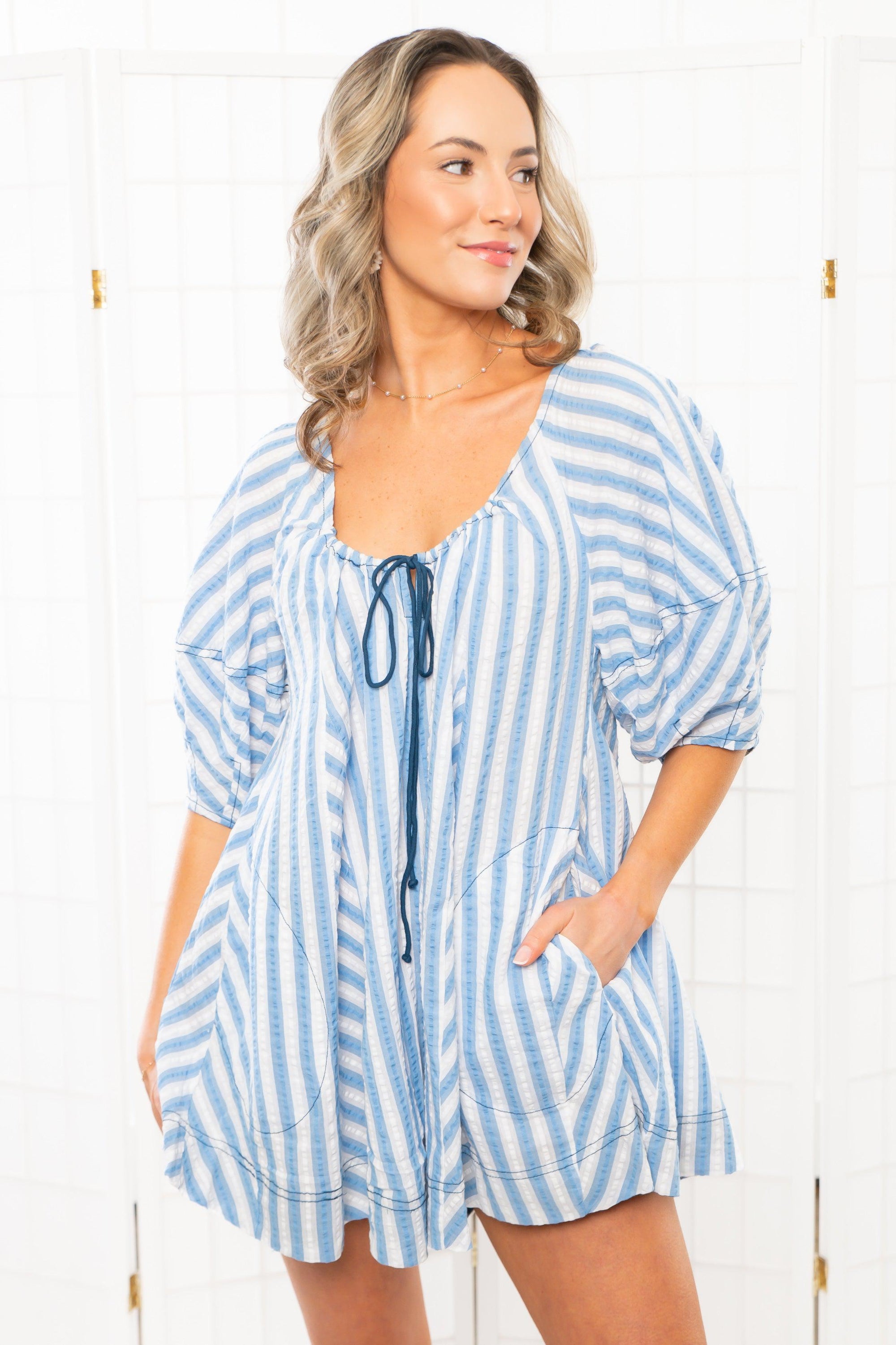 Free People Bob Around Blue Combo Romper-Onesies-Free People-L. Mae Boutique & Wild Mabel Clothing