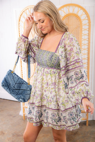 Free People Tea Combo Endless Afternoon Smocked Balloon Sleeve Mini Dress-Free People-L. Mae Boutique