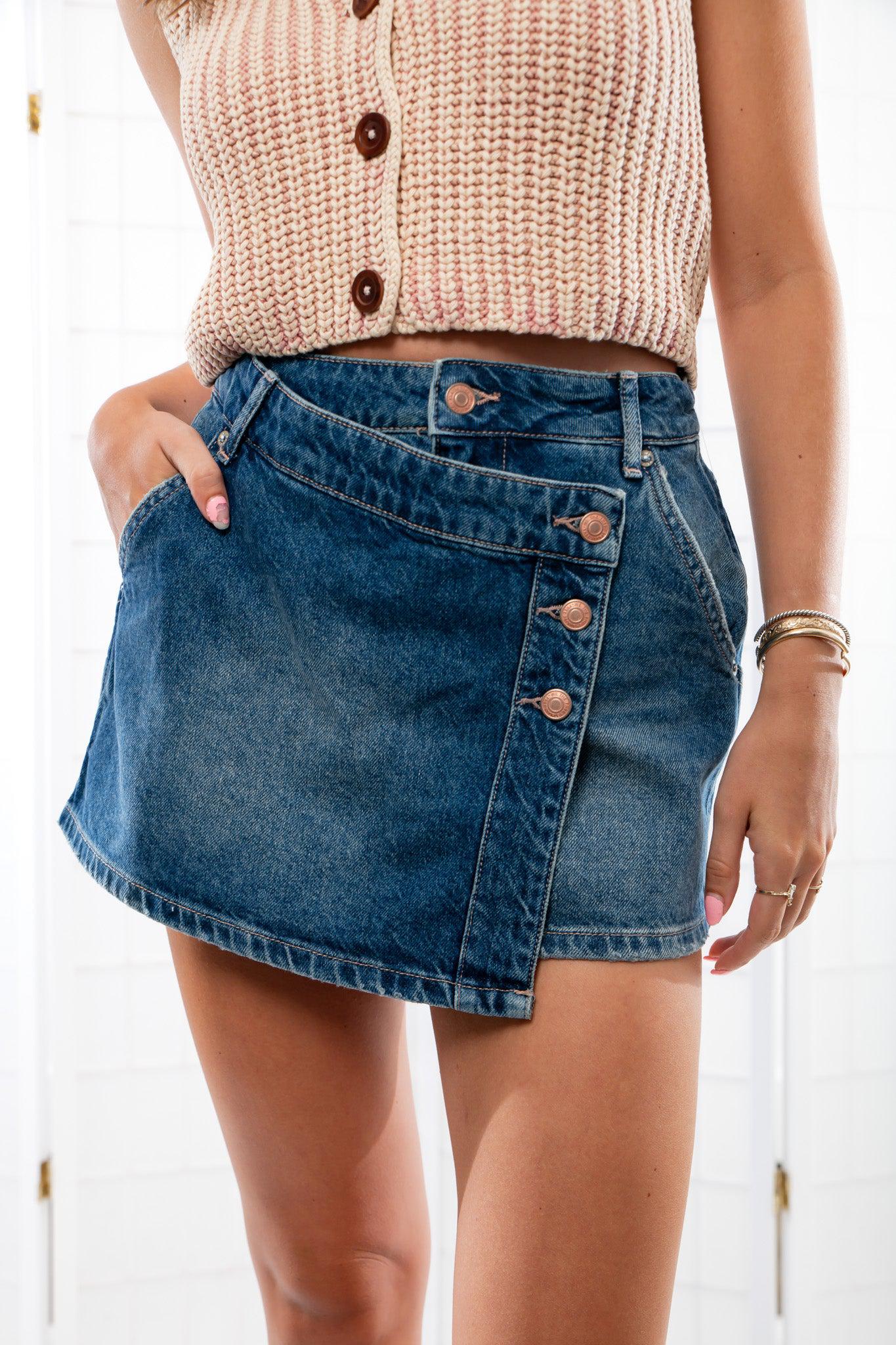 Free People We The Free Cornflower Wynne Denim Skirt-Bottoms-Free People-L. Mae Boutique & Wild Mabel Clothing