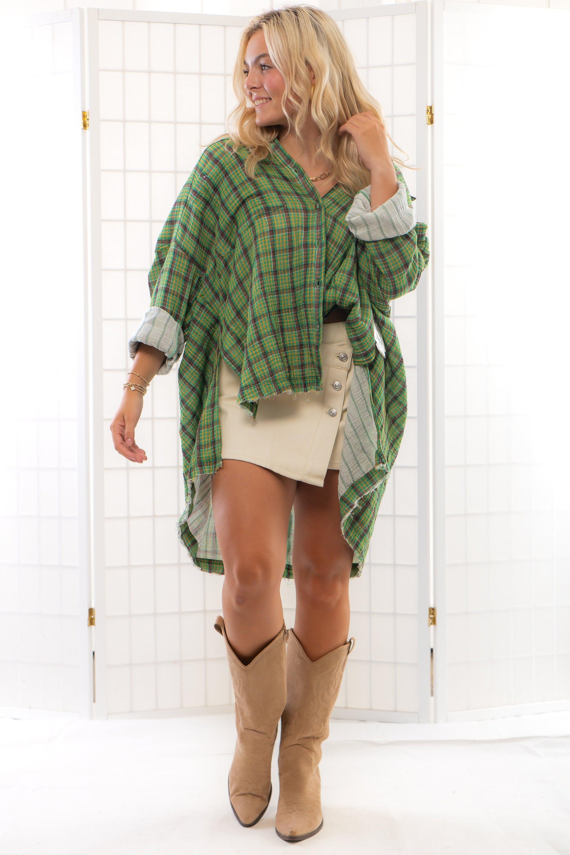 Free People We The Free Green Combo Cardiff Plaid Top-Tops-Free People-L. Mae Boutique &amp; Wild Mabel Clothing