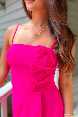 Fuchsia Bow Detail Romper Dress-Onesies-MainStrip-L. Mae Boutique & Wild Mabel Clothing