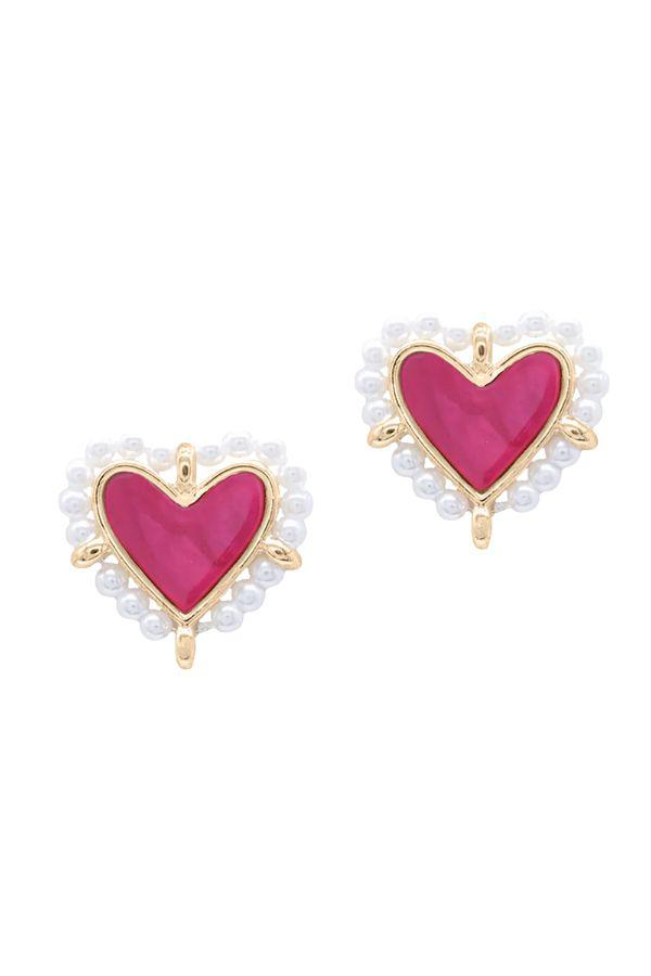 Fuchsia Pearl Halo Heart Stud Earrings-Jewelry-Golden Stella-L. Mae Boutique & Wild Mabel Clothing