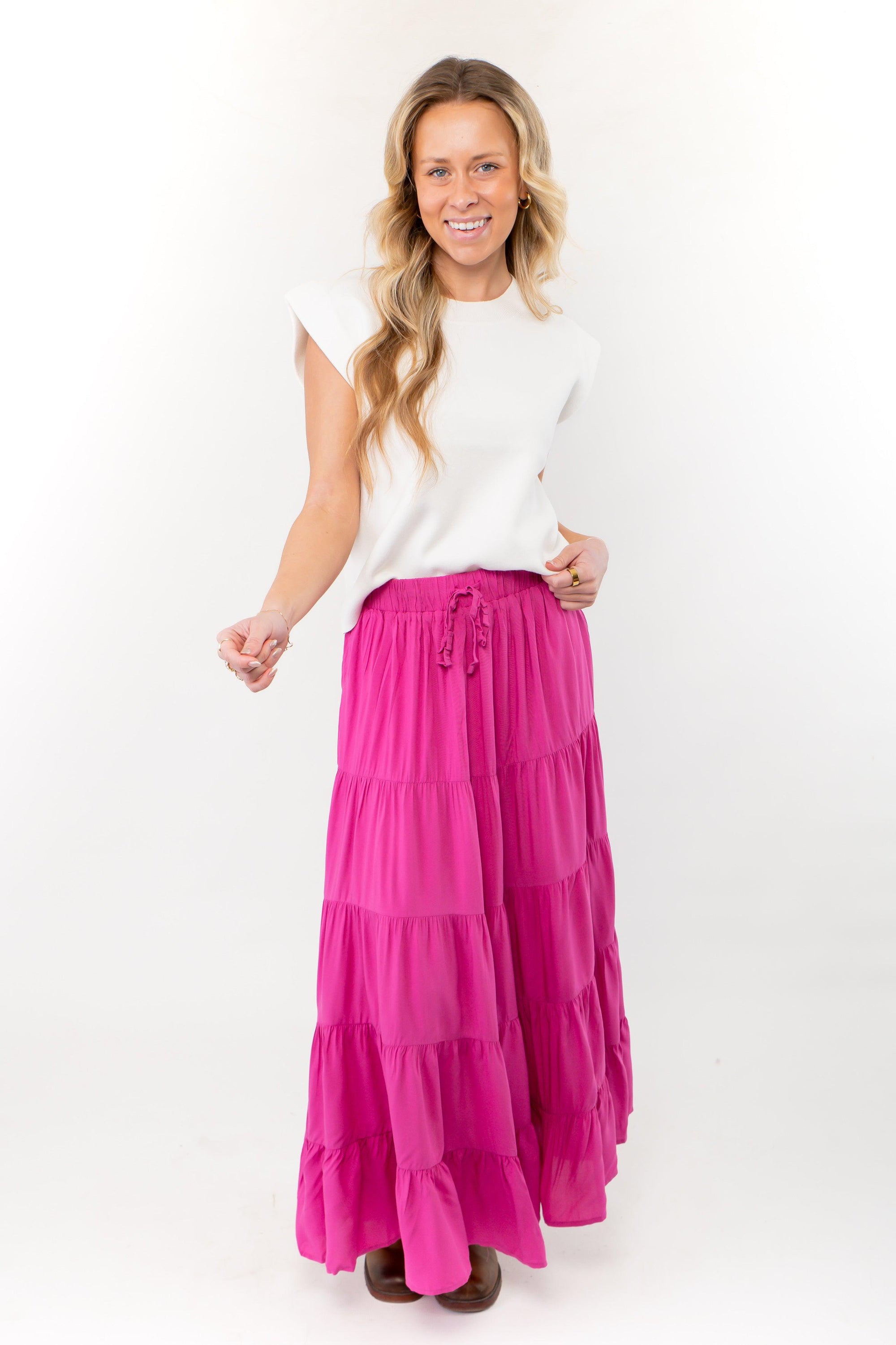 Fuchsia Pink Tiered Maxi Skirt-Bottoms-WishList-L. Mae Boutique & Wild Mabel Clothing