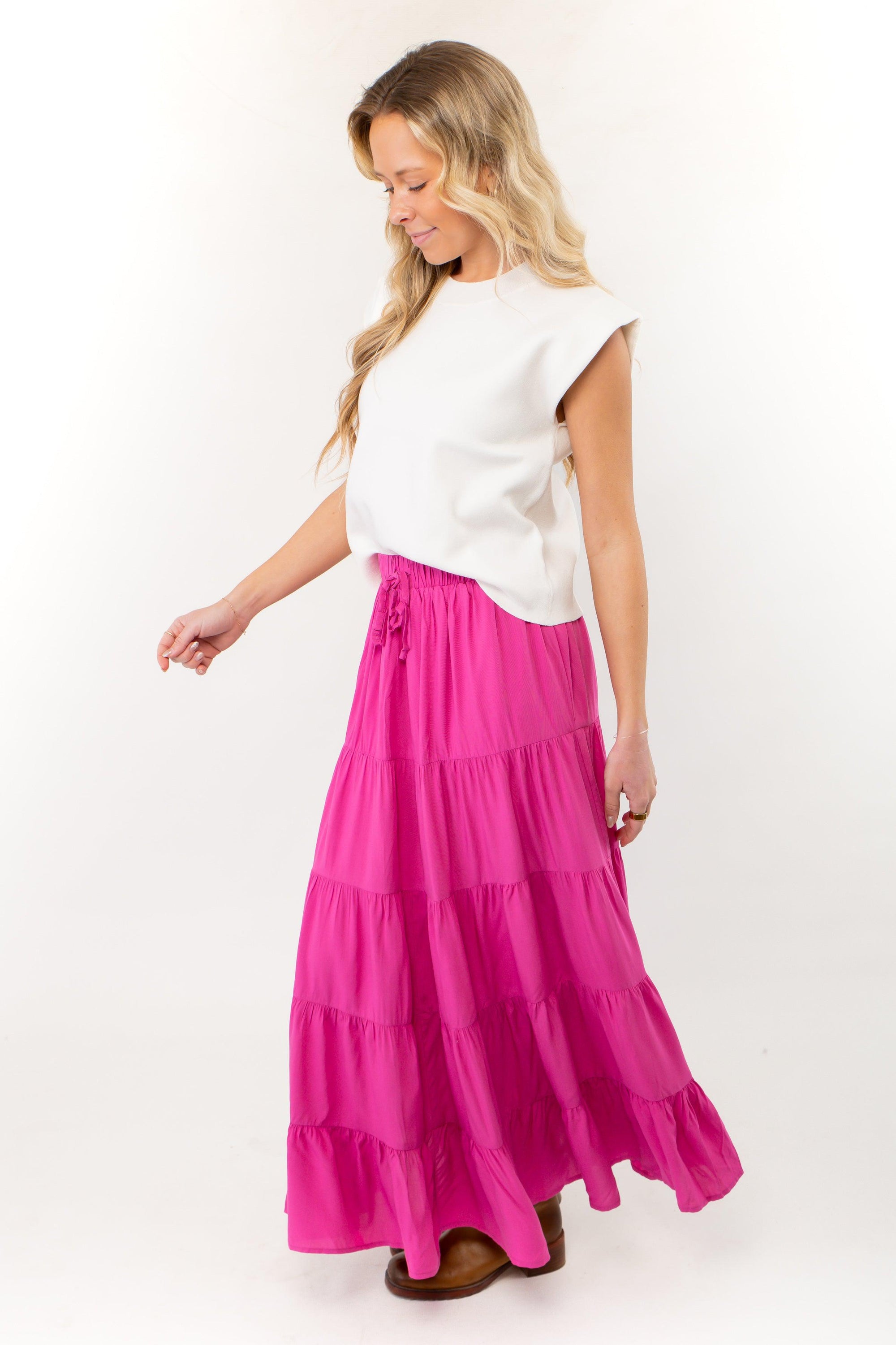 Fuchsia Pink Tiered Maxi Skirt-Bottoms-WishList-L. Mae Boutique &amp; Wild Mabel Clothing