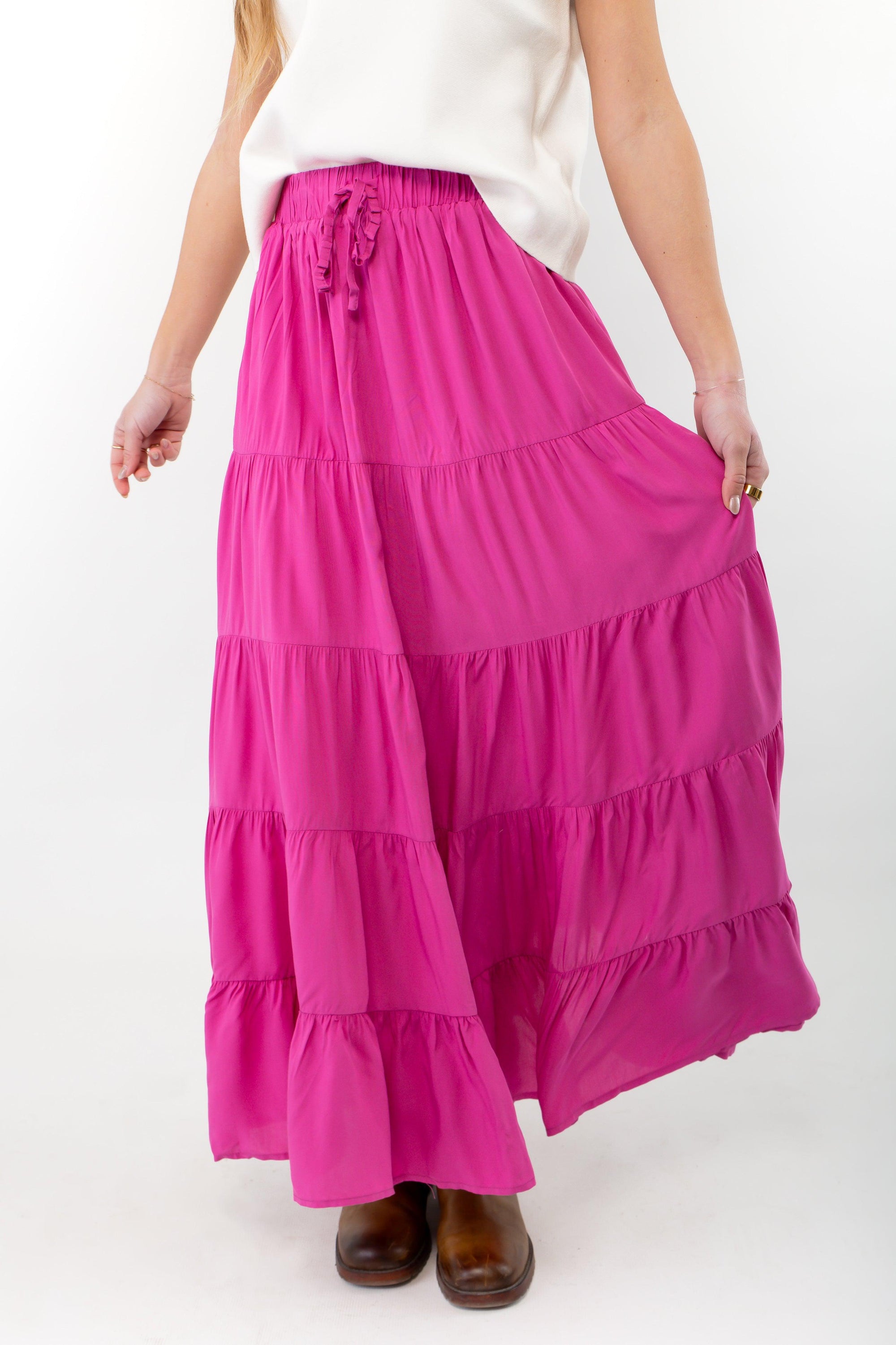 Fuchsia Pink Tiered Maxi Skirt-Bottoms-WishList-L. Mae Boutique & Wild Mabel Clothing