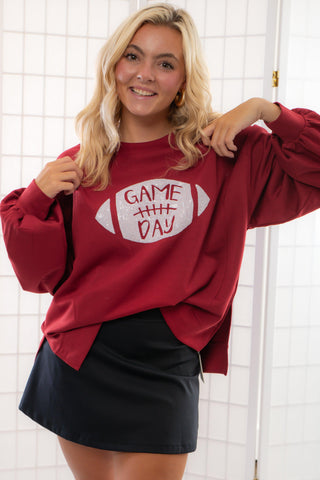 Gameday Garnet Sequin Football Long Sleeve Crew-Tops-WHY Dress-L. Mae Boutique & Wild Mabel Clothing