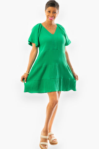 Garden Green Gauze V Neck Mini Dress-Very J-L. Mae Boutique
