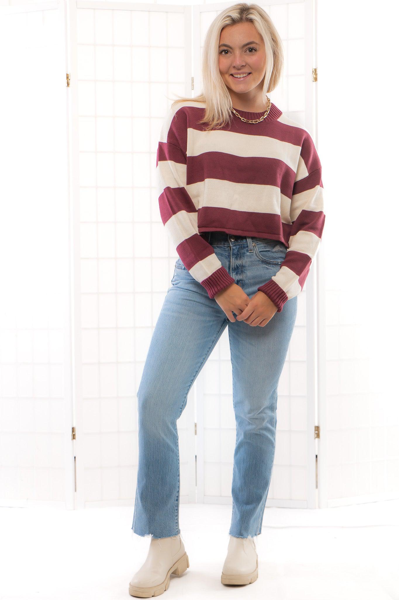 Garnet Long Sleeve Striped Crop Sweater-Tops-Le Lis-L. Mae Boutique & Wild Mabel Clothing