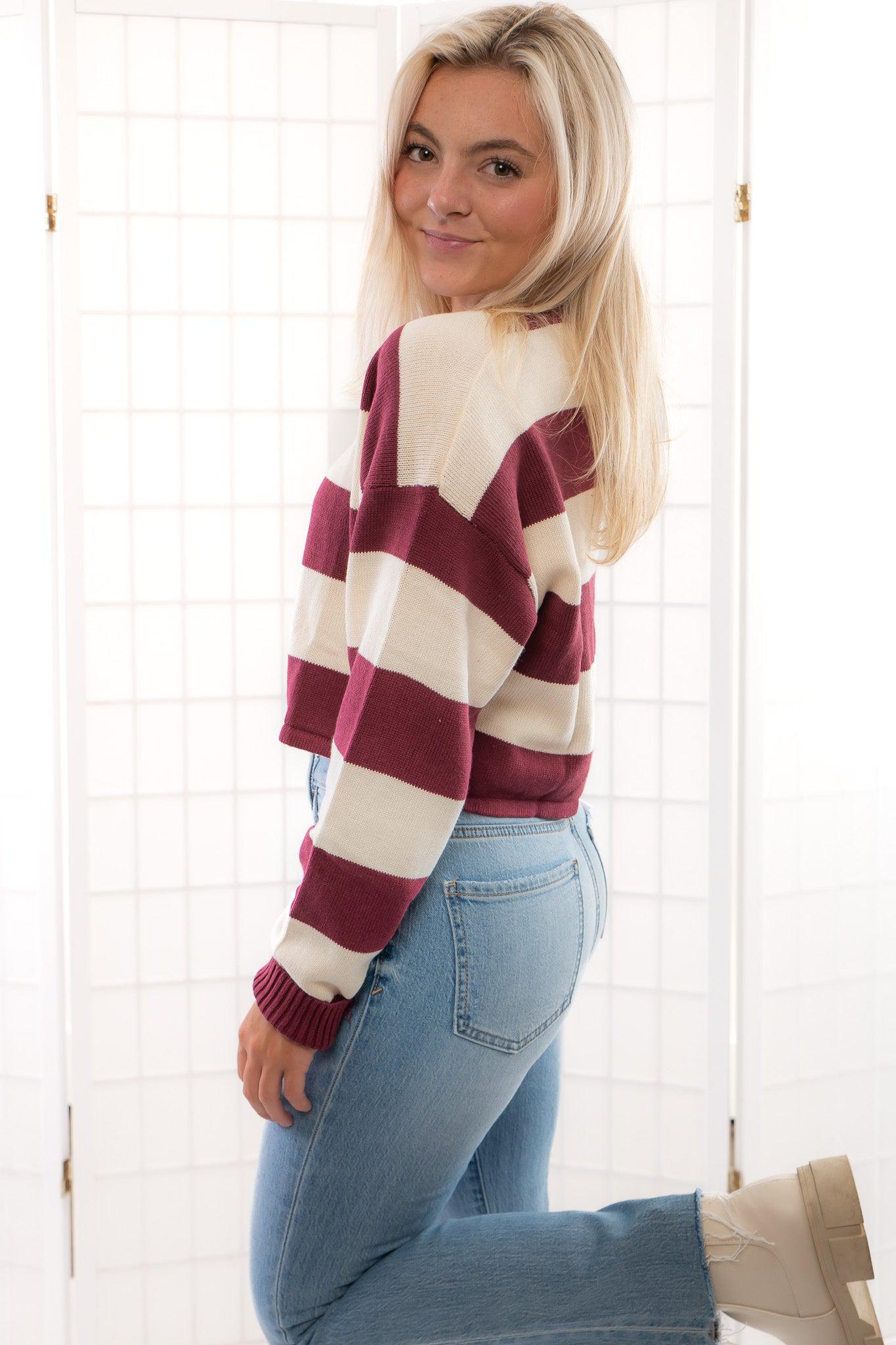 Garnet Long Sleeve Striped Crop Sweater-Tops-Le Lis-L. Mae Boutique &amp; Wild Mabel Clothing