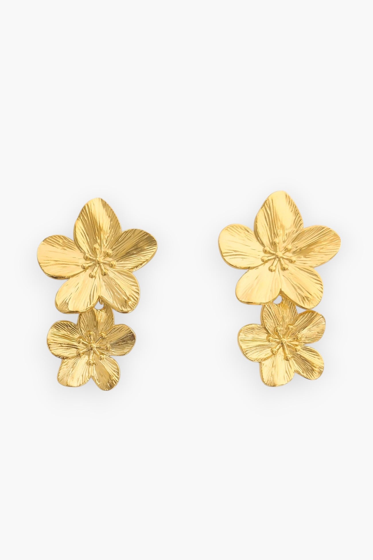 Glowing Charm Gold-Plated Flower Drop Earrings featuring a dual-flower design with textured petals. Elegant and water-resistant, perfect for any occasion.