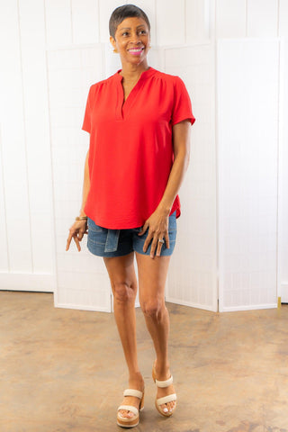 Go To Red V Neck Short Sleeve Top-Tops-Entro-L. Mae Boutique & Wild Mabel Clothing