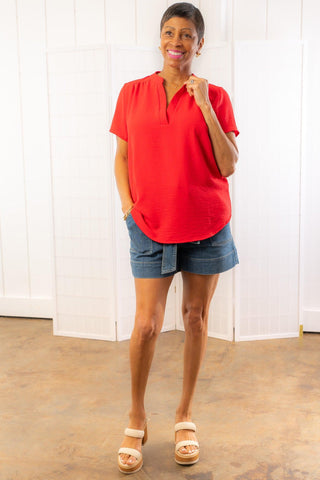 Go To Red V Neck Short Sleeve Top-Tops-Entro-L. Mae Boutique & Wild Mabel Clothing