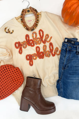 Gobble Gobble Embroidered Cream Crew Neck-Tops-Peach Love California-L. Mae Boutique & Wild Mabel Clothing