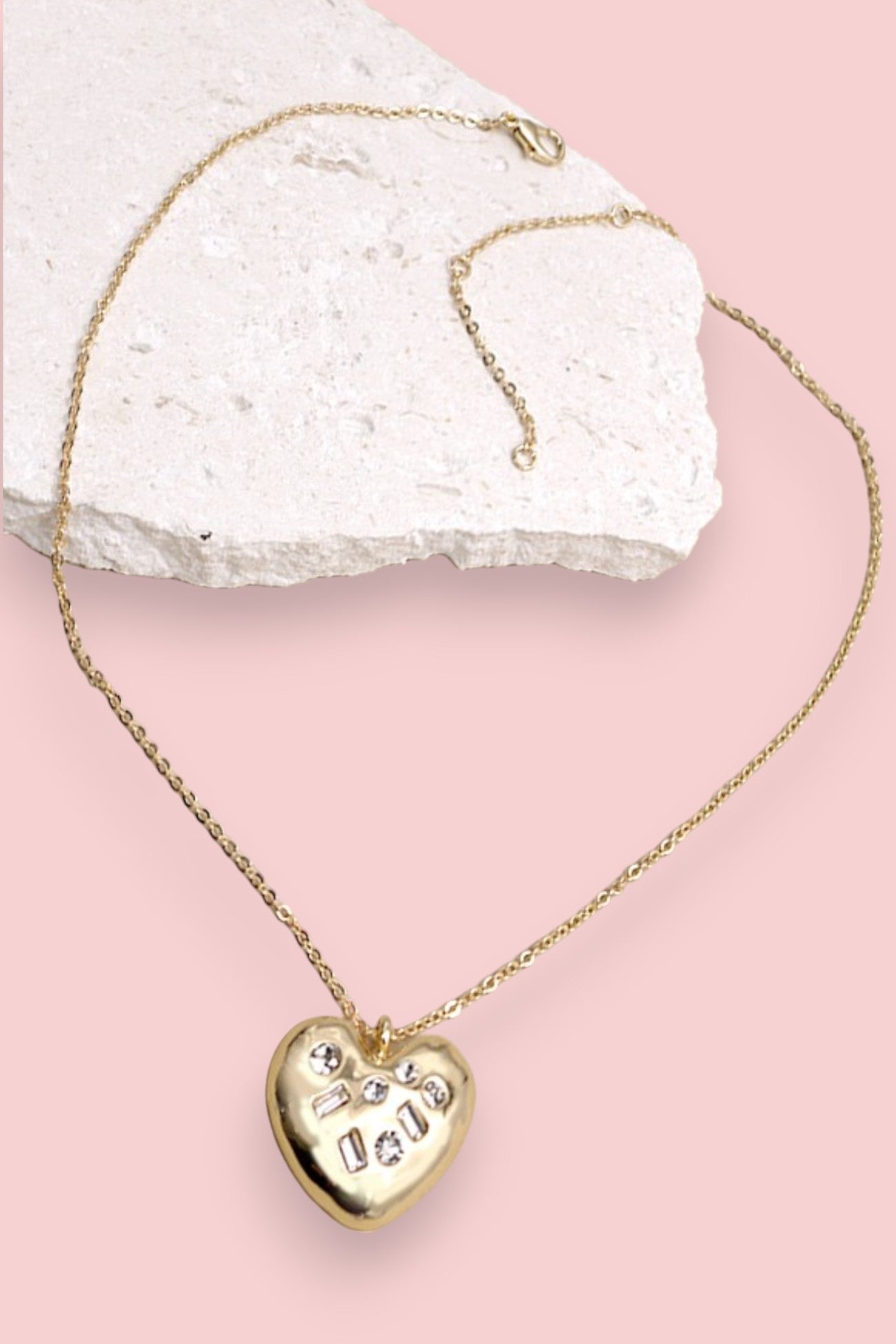 Gold Rhinestone Heart Pendant Necklace-Jewelry-Wall to Wall Accessories-L. Mae Boutique & Wild Mabel Clothing