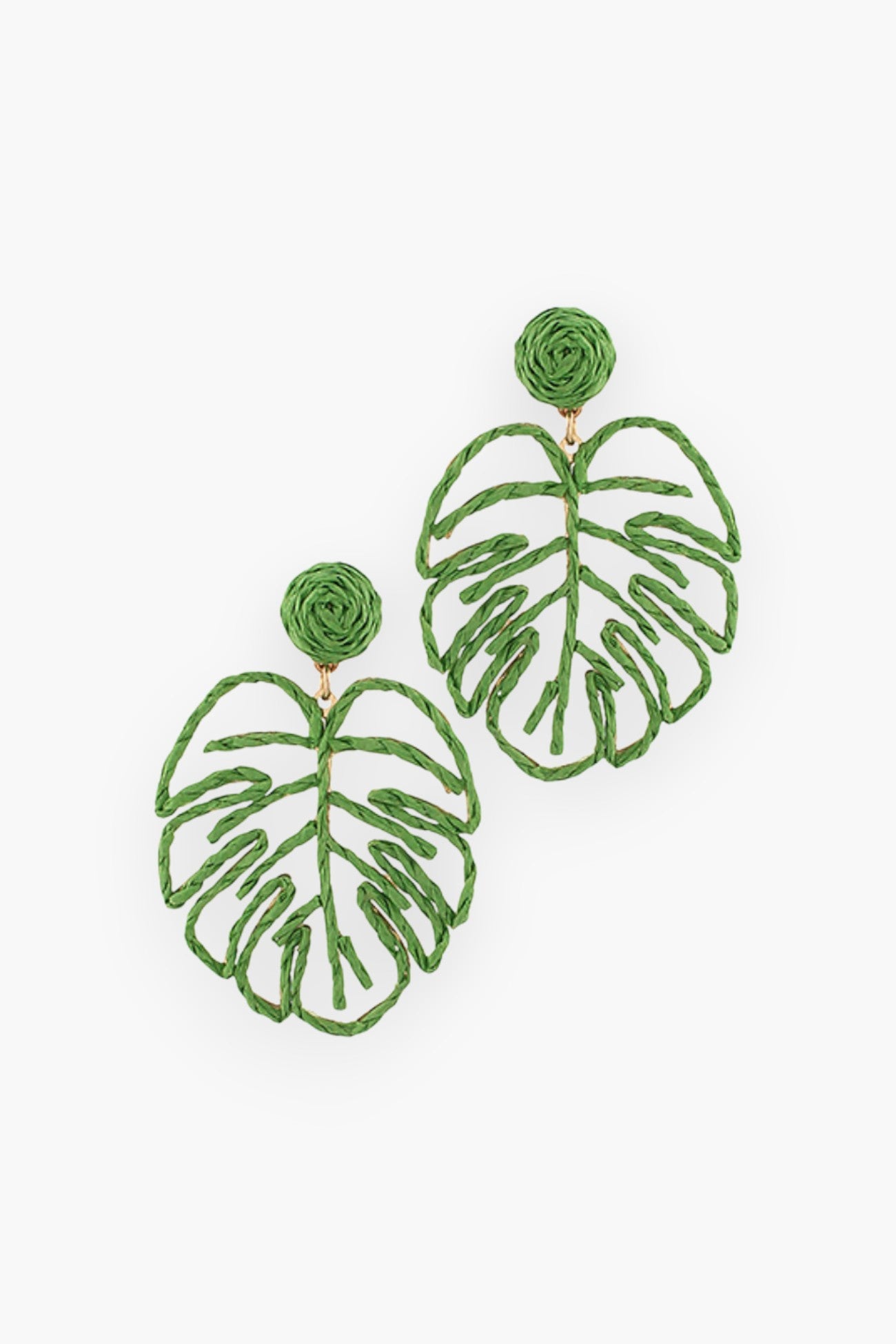 Green Leaf Raffia Earrings featuring a tropical monstera leaf design. Lightweight dangle style adds a natural, beachy charm to any summer outfit.