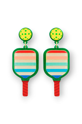 Green Shimmer Pickleball and Paddle Acrylic Earrings-Golden Stella-L. Mae Boutique