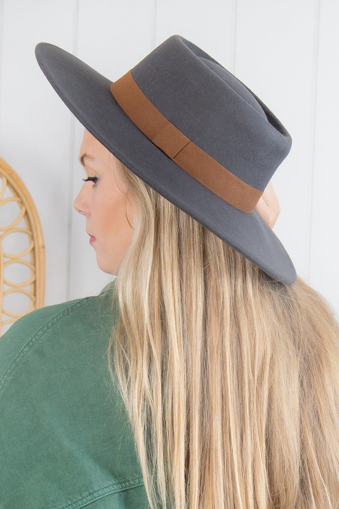 Grey and Brown Wide Brim Suede Hat-Accessories-Fame Accessories-L. Mae Boutique &amp; Wild Mabel Clothing