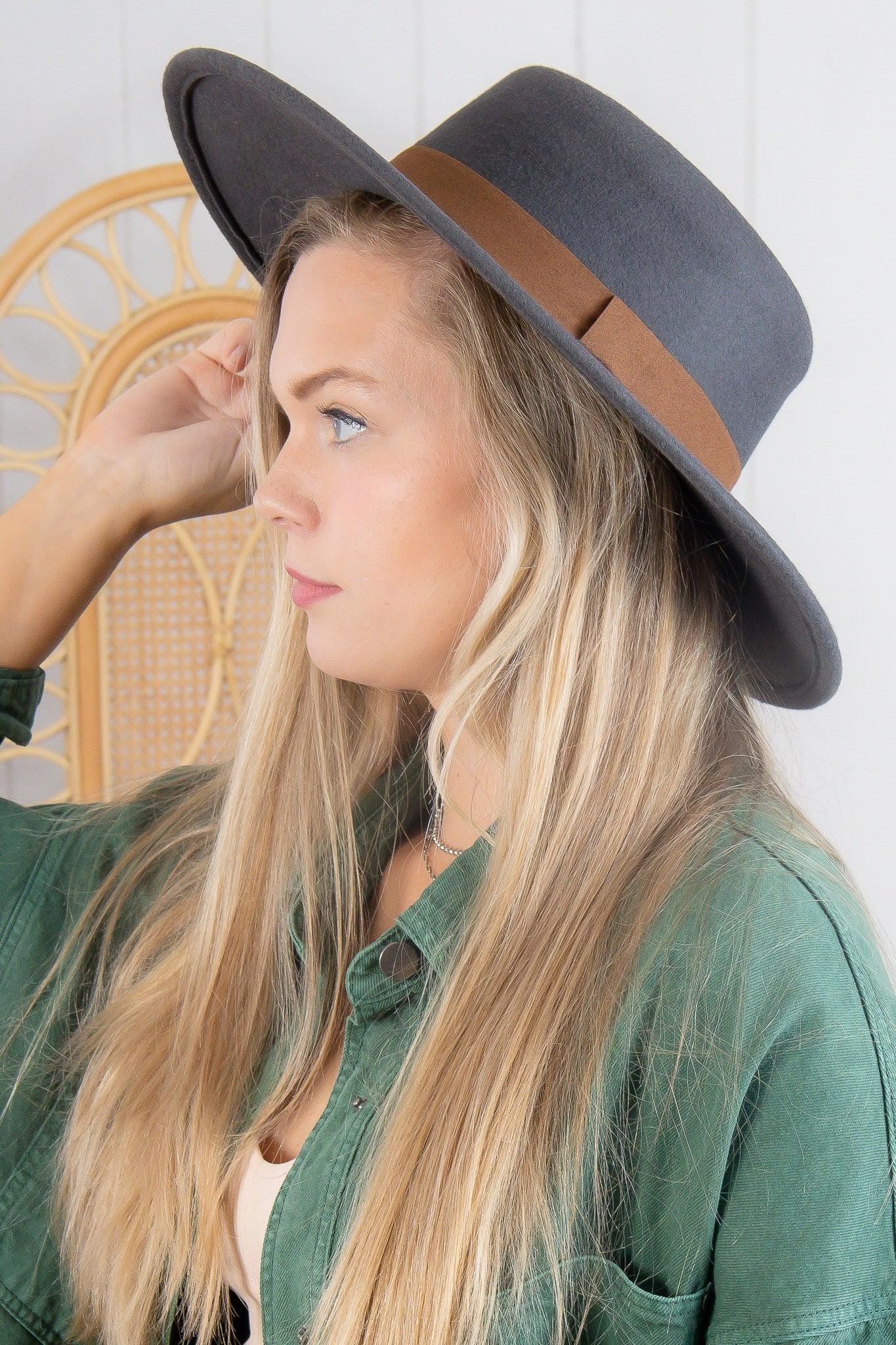 Grey and Brown Wide Brim Suede Hat-Accessories-Fame Accessories-L. Mae Boutique & Wild Mabel Clothing