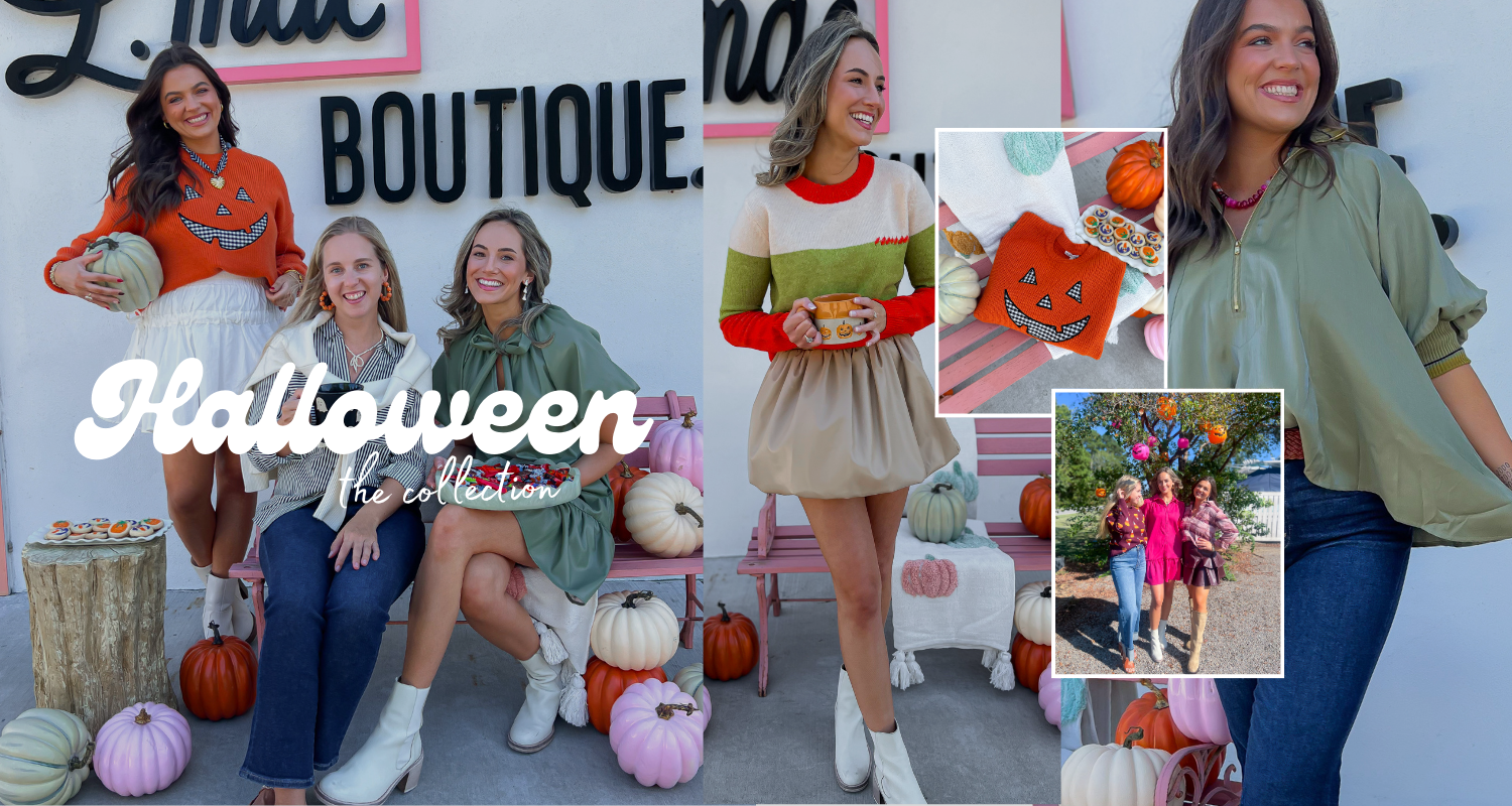 "Model wearing a cozy pumpkin sweater from L. Mae Boutique’s fall collection, styled with autumn accessories."