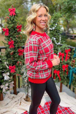 Happiest Holidays Red Plaid Sequin Sweater-Tops-BiBi-L. Mae Boutique & Wild Mabel Clothing