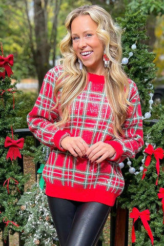 Happiest Holidays Red Plaid Sequin Sweater-Tops-BiBi-L. Mae Boutique & Wild Mabel Clothing