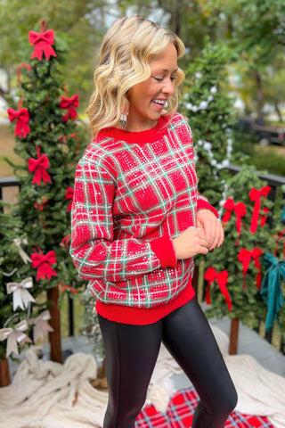 Happiest Holidays Red Plaid Sequin Sweater-Tops-BiBi-L. Mae Boutique & Wild Mabel Clothing