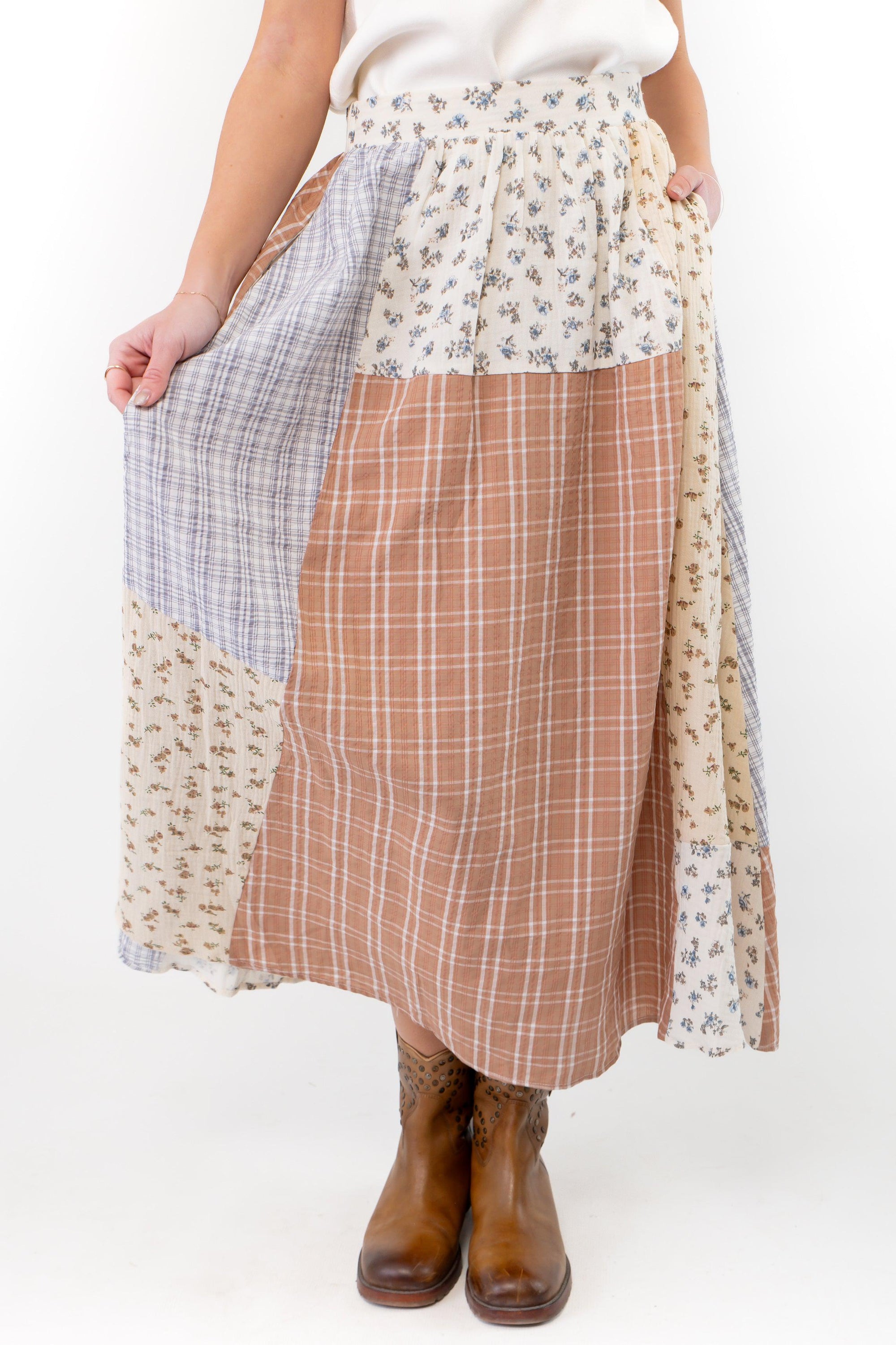 Hattie Patchwork Ivory Maxi Skirt-Bottoms-Polagram-L. Mae Boutique &amp; Wild Mabel Clothing