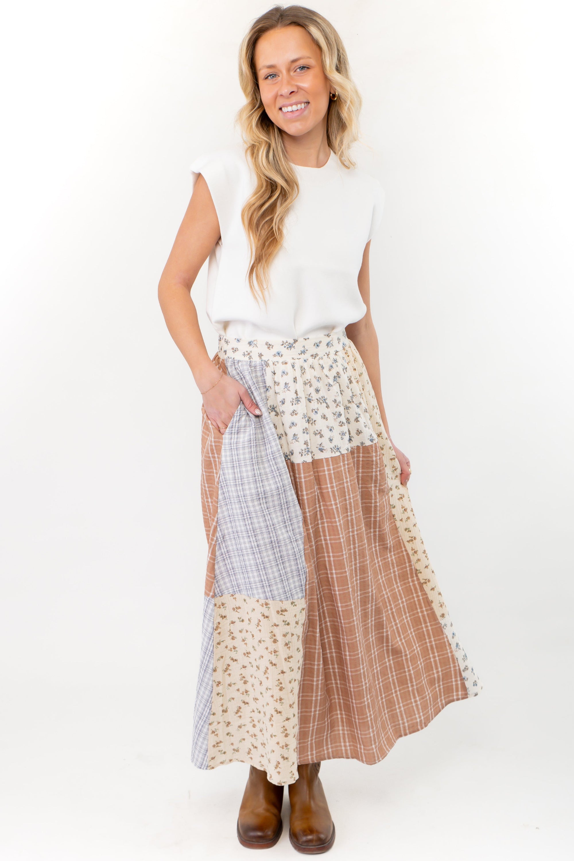 Hattie Patchwork Ivory Maxi Skirt-Bottoms-Polagram-L. Mae Boutique & Wild Mabel Clothing