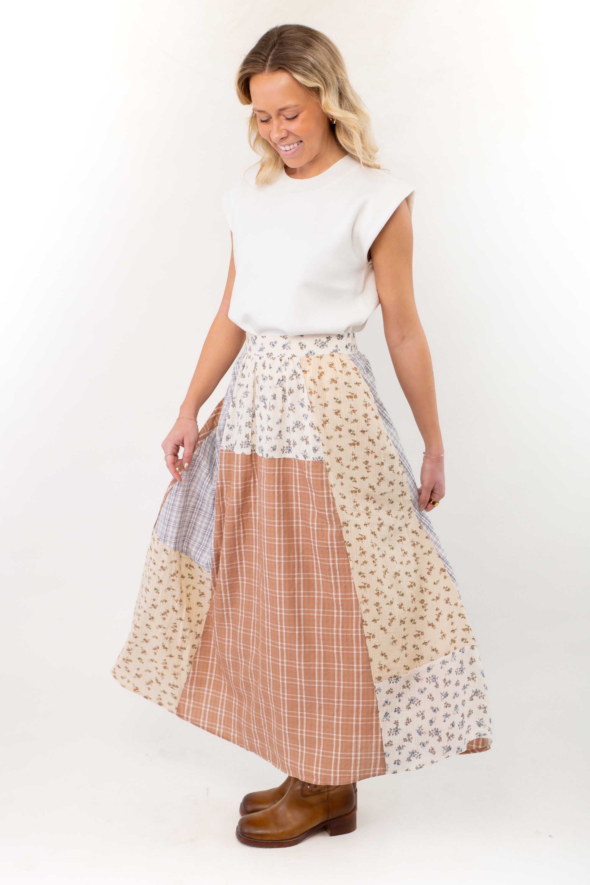 Hattie Patchwork Ivory Maxi Skirt-Bottoms-Polagram-L. Mae Boutique &amp; Wild Mabel Clothing