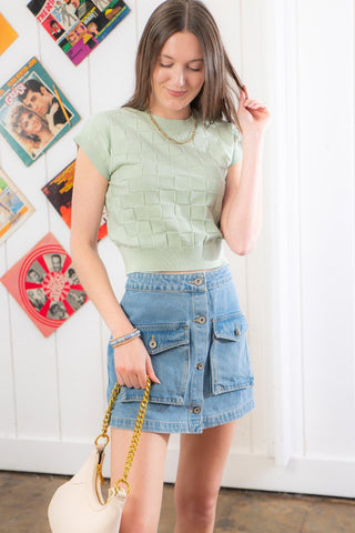 Heading Out Mint Checkered Short Sleeve Knit Top-Hyfve-L. Mae Boutique