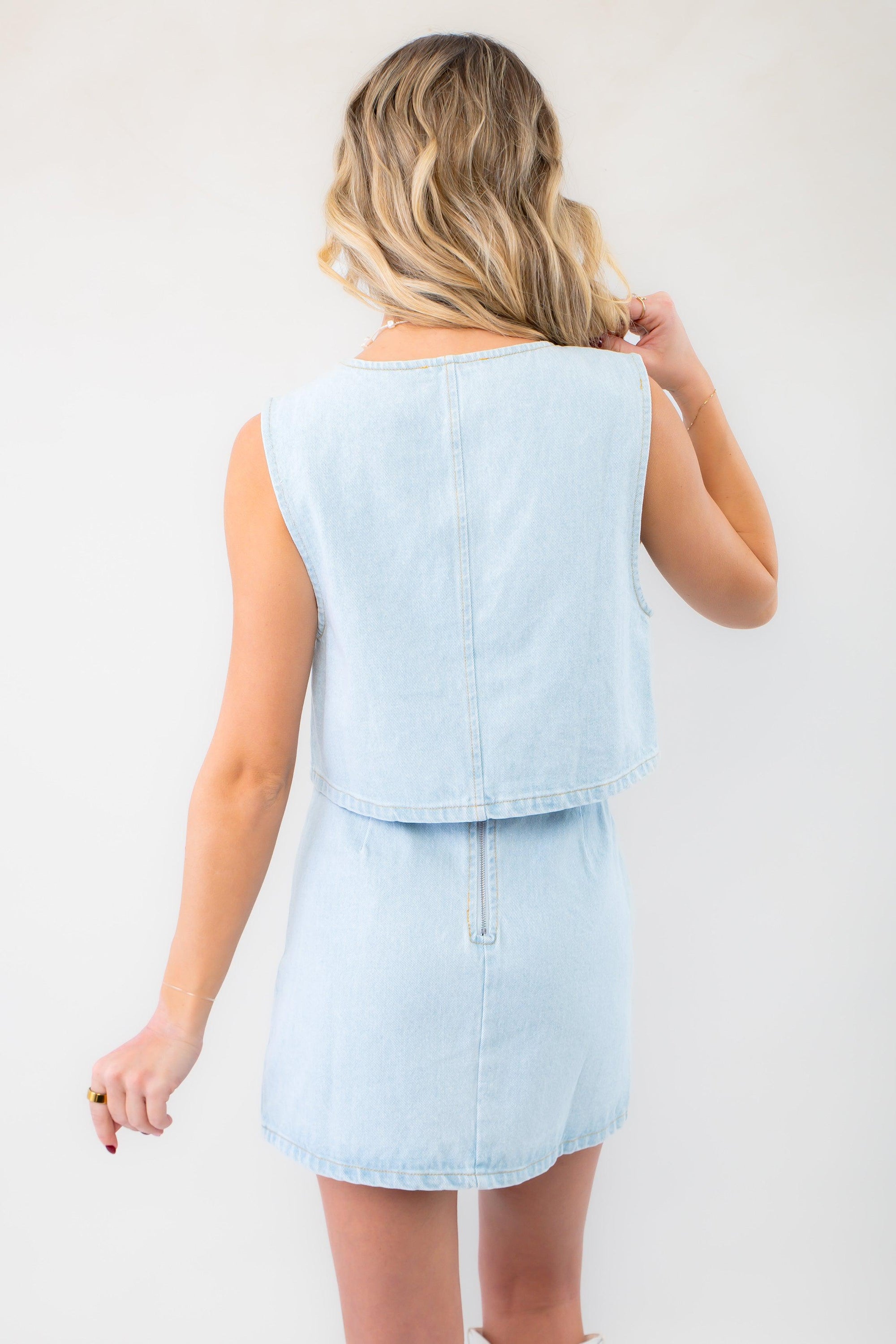 Heartstrings Denim Tie Front Heart Stitch Vest-Tops-Cloud Ten-L. Mae Boutique &amp; Wild Mabel Clothing