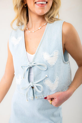 Heartstrings Denim Tie Front Heart Stitch Vest-Tops-Cloud Ten-L. Mae Boutique & Wild Mabel Clothing