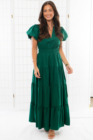 Holiday Cheer Green Puff Sleeve Maxi Dress-Dresses-Entro-L. Mae Boutique & Wild Mabel Clothing