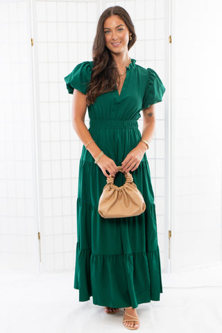 Holiday Cheer Green Puff Sleeve Maxi Dress-Dresses-Entro-L. Mae Boutique & Wild Mabel Clothing