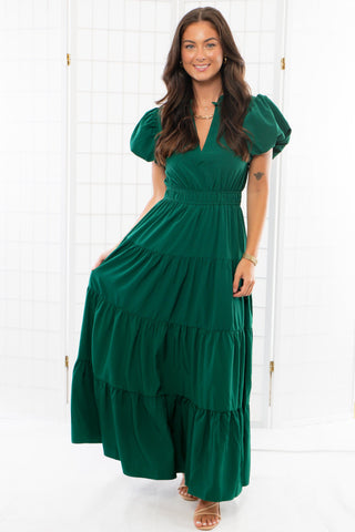 Holiday Cheer Green Puff Sleeve Maxi Dress-Dresses-Entro-L. Mae Boutique & Wild Mabel Clothing