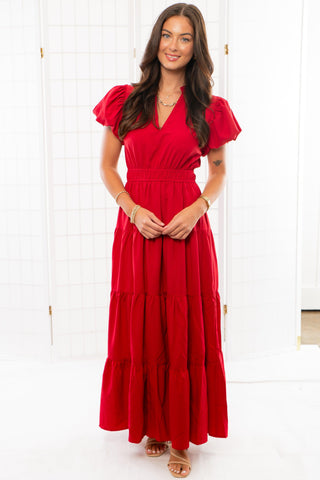 Holiday Cheer Red Puff Sleeve Maxi Dress-Dresses-Entro-L. Mae Boutique & Wild Mabel Clothing