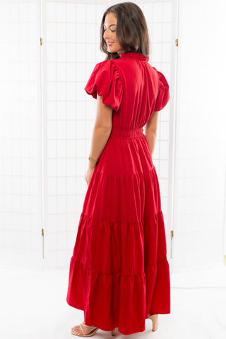 Holiday Cheer Red Puff Sleeve Maxi Dress-Dresses-Entro-L. Mae Boutique & Wild Mabel Clothing