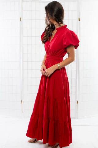 Holiday Cheer Red Puff Sleeve Maxi Dress-Dresses-Entro-L. Mae Boutique & Wild Mabel Clothing