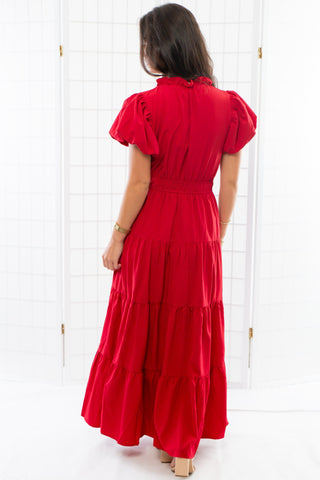 Holiday Cheer Red Puff Sleeve Maxi Dress-Dresses-Entro-L. Mae Boutique & Wild Mabel Clothing