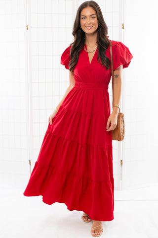 Holiday Cheer Red Puff Sleeve Maxi Dress-Dresses-Entro-L. Mae Boutique & Wild Mabel Clothing