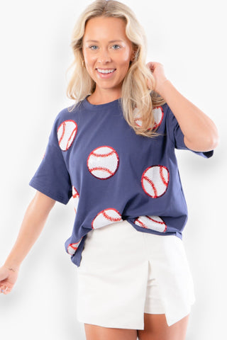 Home Run Hitter Navy Sequin Baseball Tee-Tops-ABLN Boutique-L. Mae Boutique & Wild Mabel Clothing