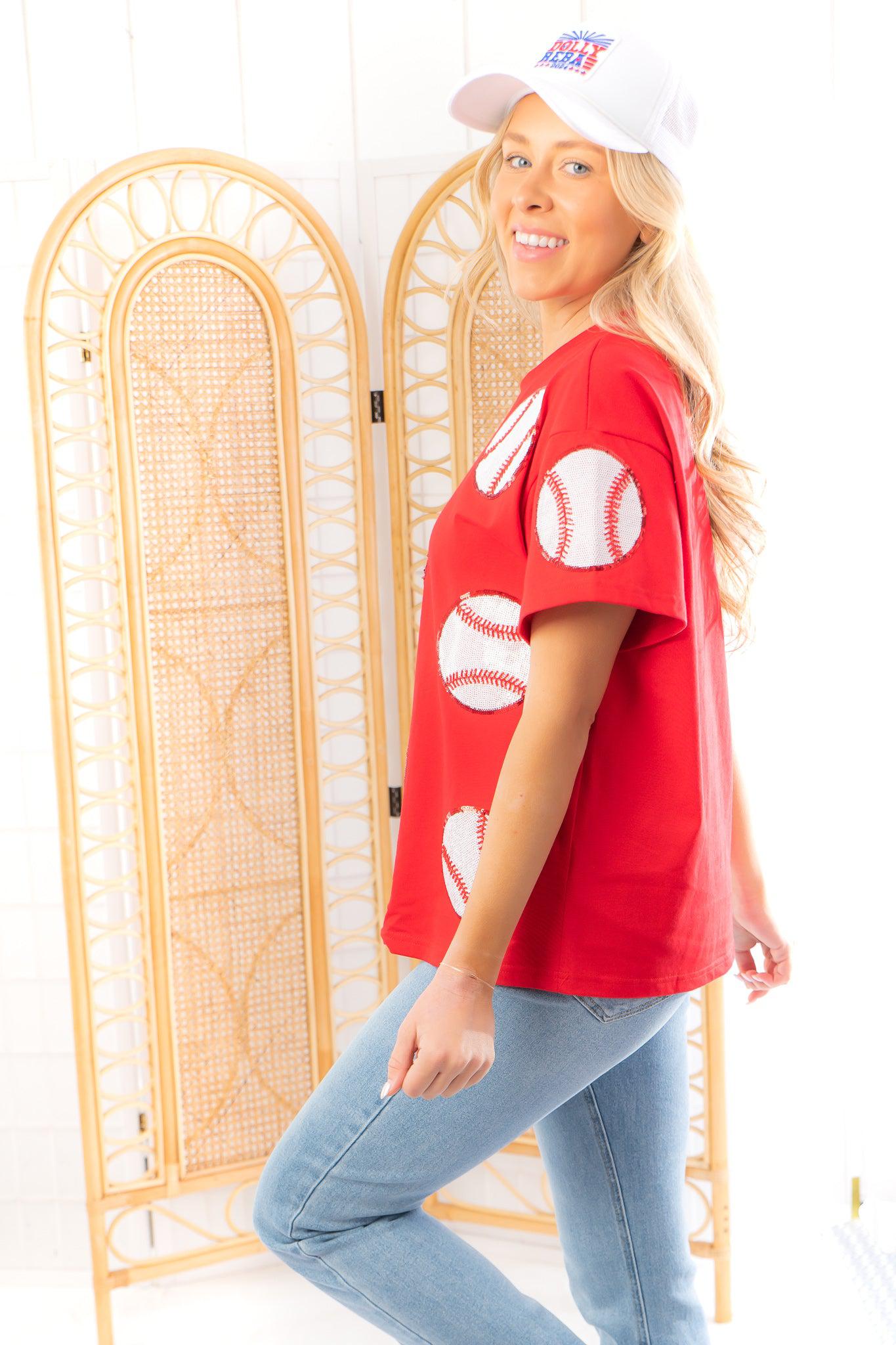 Home Run Hitter Red Sequin Baseball Tee-Tops-ABLN Boutique-L. Mae Boutique & Wild Mabel Clothing