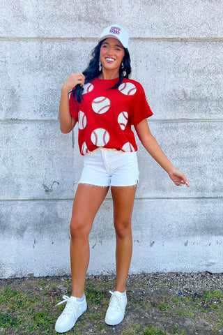 Home Run Hitter Red Sequin Baseball Tee-Tops-ABLN Boutique-L. Mae Boutique & Wild Mabel Clothing