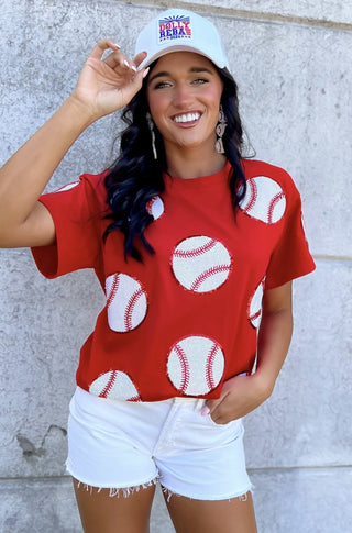 Home Run Hitter Red Sequin Baseball Tee-Tops-ABLN Boutique-L. Mae Boutique & Wild Mabel Clothing