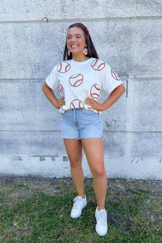 Home Run Hitter White Sequin Baseball Tee-Tops-ABLN Boutique-L. Mae Boutique & Wild Mabel Clothing