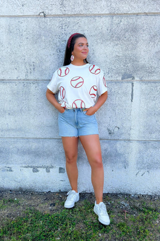 Home Run Hitter White Sequin Baseball Tee-Tops-ABLN Boutique-L. Mae Boutique & Wild Mabel Clothing