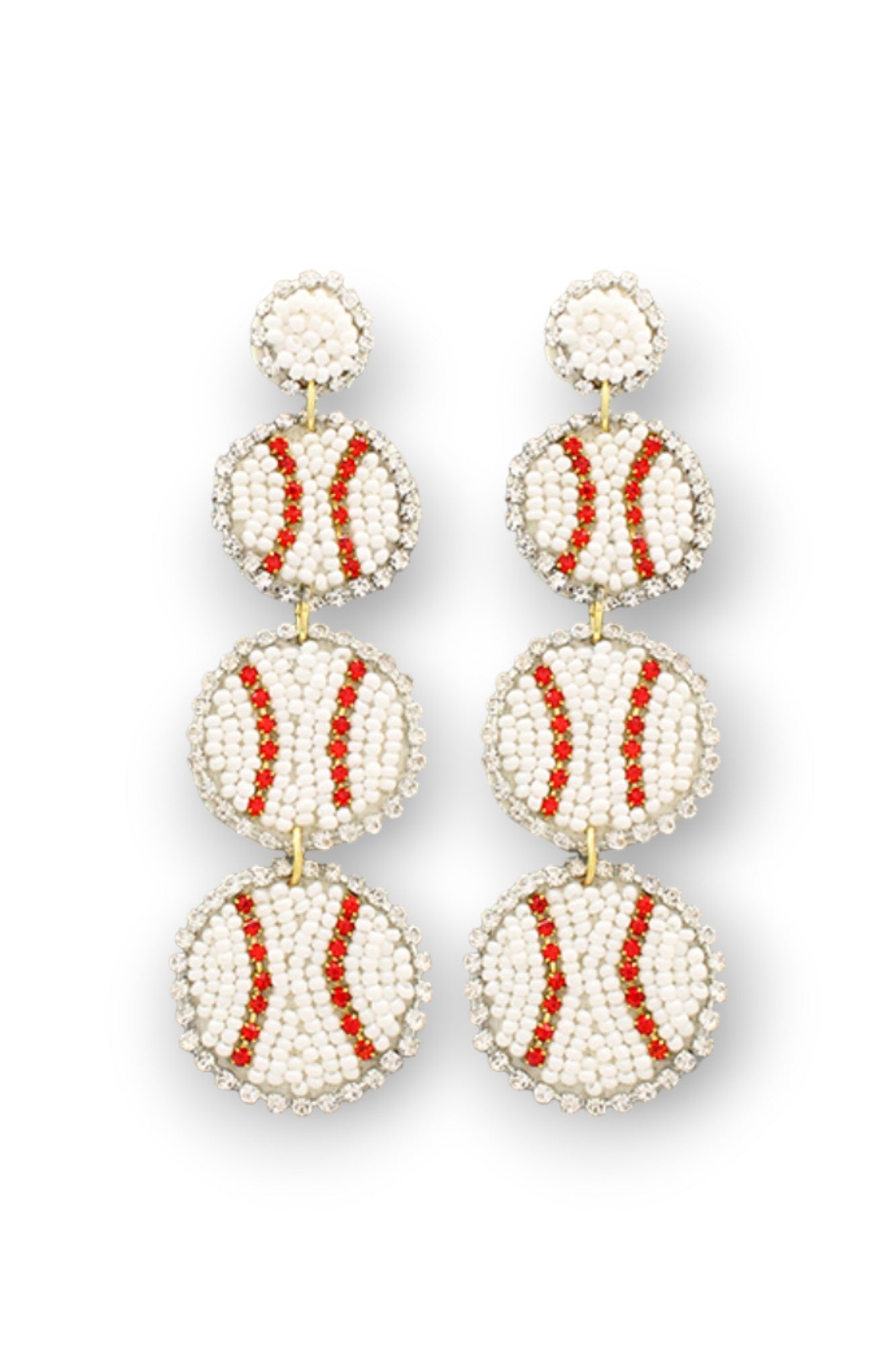 Home Run White Three Tier Baseball Beaded Earrings-Jewelry-Golden Stella-L. Mae Boutique &amp; Wild Mabel Clothing