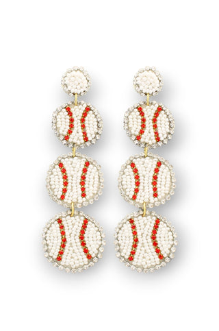 Home Run White Three Tier Baseball Beaded Earrings-Jewelry-Golden Stella-L. Mae Boutique & Wild Mabel Clothing