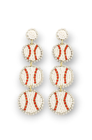 Home Run White Three Tier Baseball Beaded Earrings-Golden Stella-L. Mae Boutique