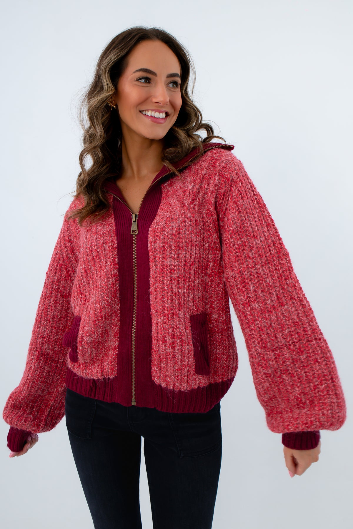 Red jacket with burgundy pops of color and zipper, University of South Carolina cozy knit jacket with side pockets